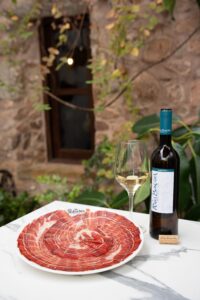Plato jamón DOP Los Pedroches y albariño D.O. Rías Baixas en patio de piedra