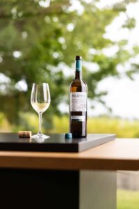Botella de albariño D.O. Rías Baixas y copa sobre mesa con viñedo al fondo